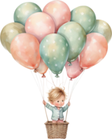 ai generiert Aquarell wenig Baby schwebend mit Luftballons Clip Art Kindergarten glücklich Kinder draußen Geburtstag Einladung Mädchen Junge Karte Herstellung Müll Tagebuch Scrapbooking Poster Aufkleber Planer png