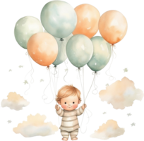 ai generado acuarela pequeño bebé flotante con globos clipart guardería contento niños al aire libre cumpleaños invitación niña chico tarjeta haciendo basura diario scrapbooking póster pegatinas planificador png