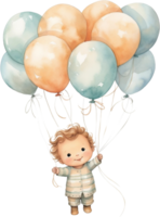 ai généré aquarelle peu bébé flottant avec des ballons clipart garderie content des gamins en plein air anniversaire invitation fille garçon carte fabrication déchet journal scrapbooking affiche autocollants planificateur png