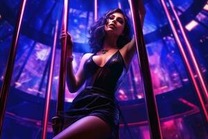 A beautiful woman pole dancer in a club.AI generative photo
