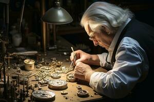 A watchmaker at work at his desk.AI generative photo