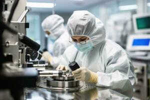 A scientist works in a clean room wearing a full body suit.AI generative photo