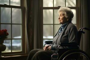 A retired woman sitting in a wheel chair alone in front of a window.AI generative photo