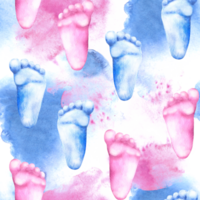 Baby footprints blue and pink feet seamless pattern Watercolor illustration hand draw with stains and splashes. Gender party boy or girl, newborn, wrapping paper, wallpaper png