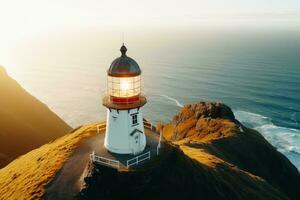 A beautiful shot of a lighthouse on a coastline.AI Generative photo