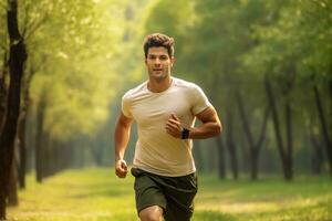 An attractive fit man doing some jogging.AI generative photo