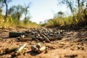 Many empty cartridge cases on the ground. AI generative photo