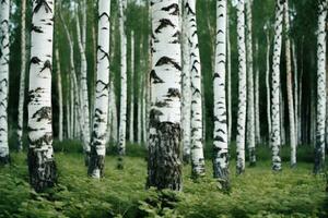un hermosa abedul bosque con muchos blanco árbol troncos.ai generativo foto