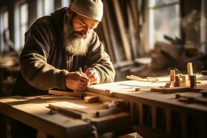 un carpintero a trabajo con madera.ai generativo foto