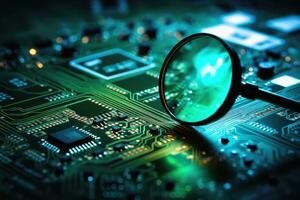 View with a magnifying glass on a modern circuit board.AI Generative photo