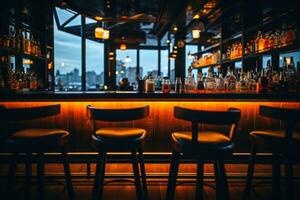 A beautiful bar in dark light with a stunning view.AI Generative photo