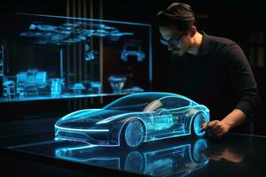 An electric car developer at work on an advanced holographic display.AI Generative photo