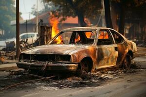 Completely burned out cars after natural disaster.AI Generative photo