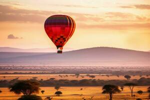 Hot air balloons over the African savannah.AI Generative photo