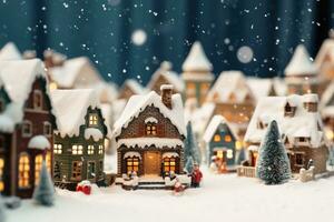 Low angle view of a vintage look christmas village on holiday with snow falling.AI Generative photo