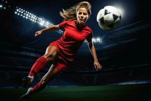 un hembra fútbol jugador pateando el bola.ai generativo foto