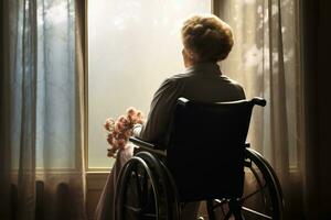 A retired woman sitting in a wheel chair alone in front of a window.AI generative photo