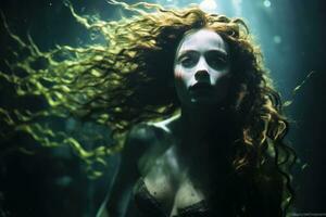 Underwater portrait of a woman with long hair.AI generative photo