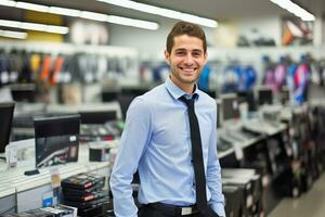 A friendly salesman in an electronics store.AI Generative photo