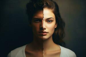 un retrato de un cara siendo medio mujer y medio hombre.ai generativo foto