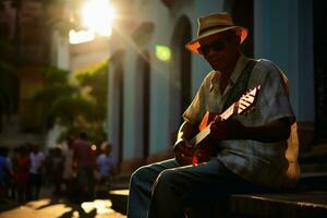 A street musician playing a song on the road.AI generative photo