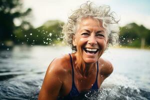 Energetic woman having fun at water aerobics.AI generative photo