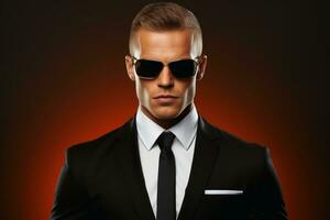 A secret agent in a suit and dark sunglasses.AI generative photo