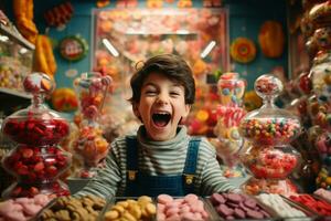 un contento niño en un caramelo tienda.ai generativo foto