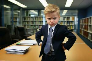 A kid in a business suite being bossy in an office.AI Generative photo