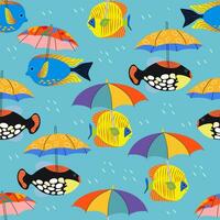 Seamless pattern with various sea fish and colorful umbrellas on a blue background. A fish with an umbrella, swimming in the water in the rain. Vector cartoon image.