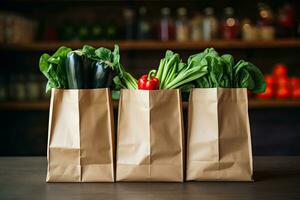 Man holding grocery shopping bag full of fresh vegetables and fruits standing in the supermarket. Food delivery service. Generative AI photo