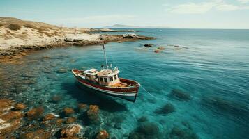 aéreo ver de un de madera pescar barco en el mar, Grecia. generativo ai foto