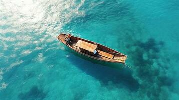 Aerial view of a wooden fishing boat in the sea, Greece. Generative AI photo