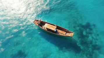 aéreo ver de un de madera pescar barco en el mar, Grecia. generativo ai foto