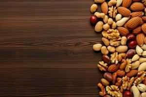 Almond nuts on wooden background. Top view with copy space. Generative AI photo