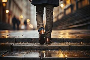 Close up young businessman feet sprinting up stairs office middle image. photo