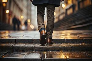 Close up young businessman feet sprinting up stairs office middle image.  Generative AI photo