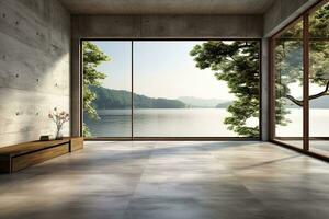 Interior of modern loft with concrete floor and panoramic windows.  Generative AI photo