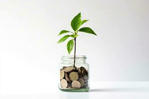 Plant growing out of coins in glass jar on white background. Saving money concept. Generative AI photo