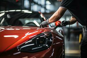 coche detallado serie, trabajador en protector guantes pulido un coche. generativo ai foto