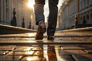 Close up young businessman feet sprinting up stairs office middle image.  Generative AI photo