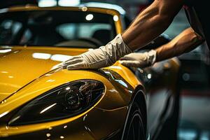 Car detailing series, Worker in protective gloves polishing a car. Generative AI photo