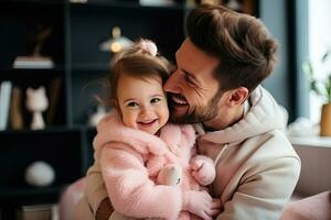 sonriente y contento padre y hija gasto el fin de semana en un calentar hogar. generativo ai foto