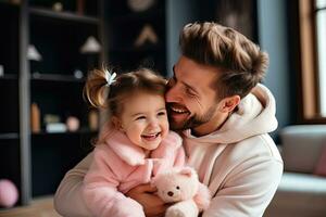 sonriente y contento padre y hija gasto el fin de semana en un calentar hogar. generativo ai foto