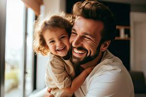 Smiling and happy father and daughter spending the weekend in a warm home. Generative AI photo