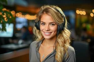 retrato de sonriente hembra cliente apoyo teléfono operador en auriculares. hermosa joven mujer con auriculares en un llamada centro. ai generado foto