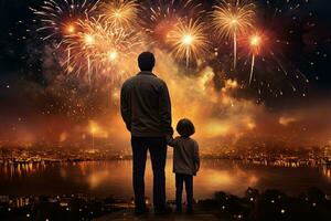 silueta de padre y hijo con fuegos artificiales en el antecedentes de el ciudad. espalda ver de padre y hijo mirando a fuegos artificiales en noche ciudad antecedentes. ai generado foto