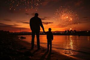 silueta de padre y hijo con fuegos artificiales en el antecedentes de el ciudad. espalda ver de padre y hijo mirando a fuegos artificiales en noche ciudad antecedentes. ai generado foto