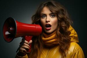 Portrait of a young woman shouting through a megaphone. AI generated photo