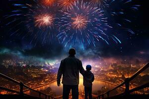 silueta de padre y hijo con fuegos artificiales en el antecedentes de el ciudad. espalda ver de padre y hijo mirando a fuegos artificiales en noche ciudad antecedentes. ai generado foto